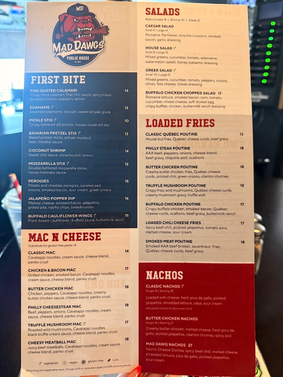 Menu, Mad Dawgs Public House