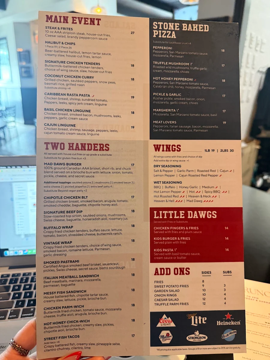 Menu, Mad Dawgs Public House
