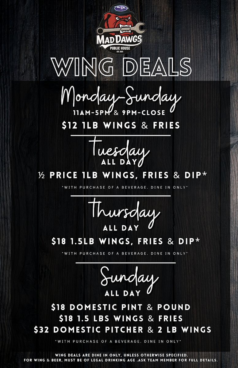 Menu, Mad Dawgs Public House