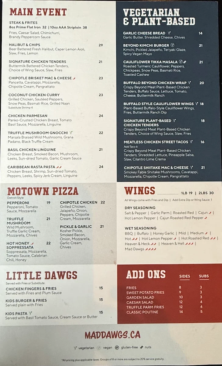 Menu, Mad Dawgs Public House