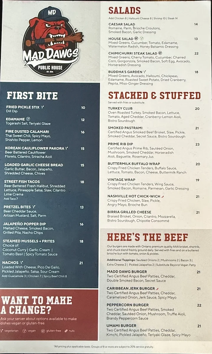 Menu, Mad Dawgs Public House
