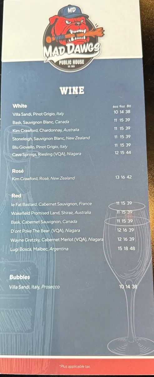 Menu, Mad Dawgs Public House