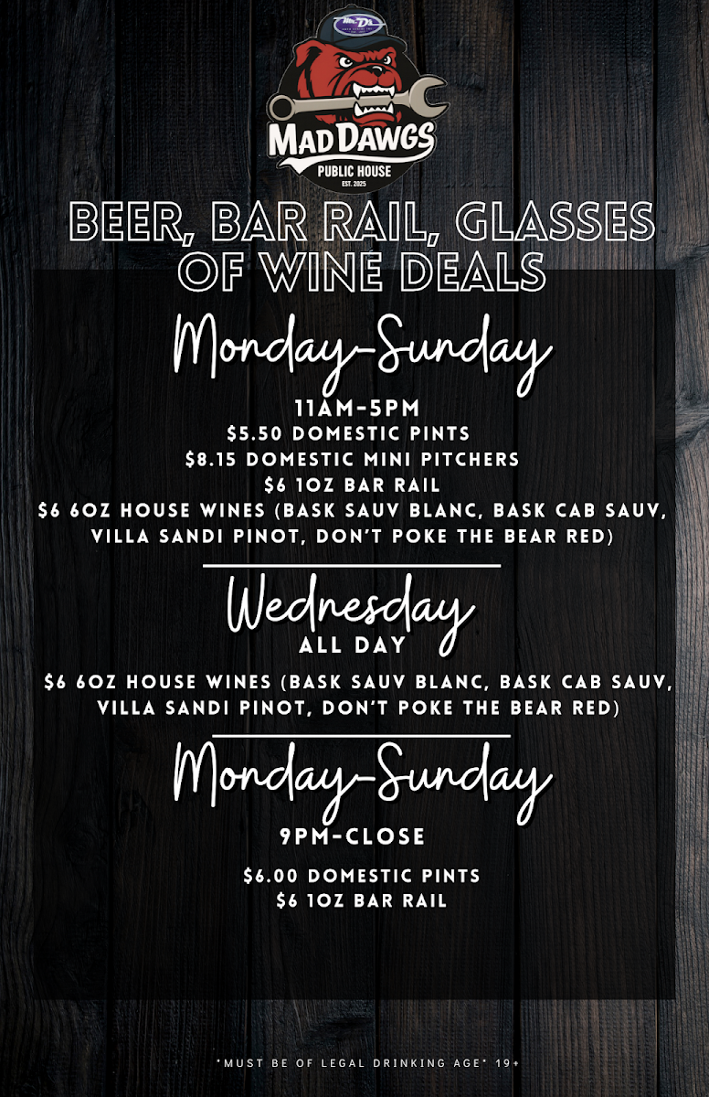 Menu, Mad Dawgs Public House