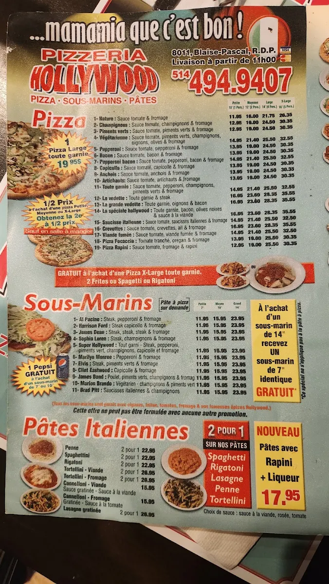 Menu, Hollywood Pizzeria