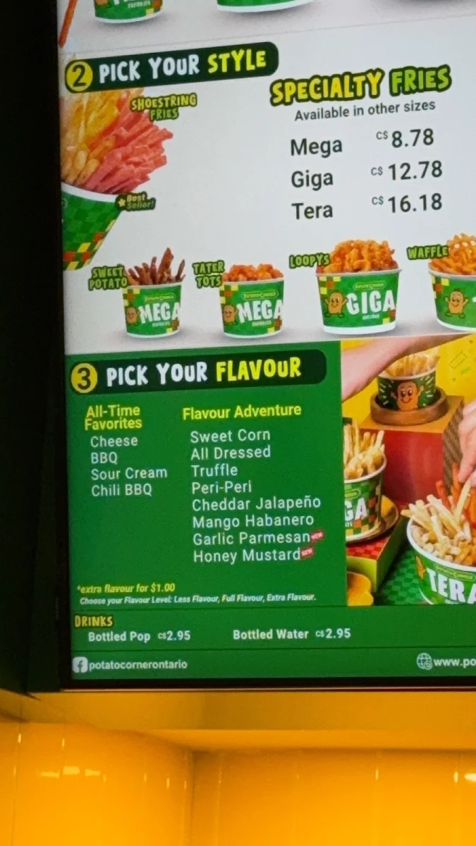 Menu, Potato Corner