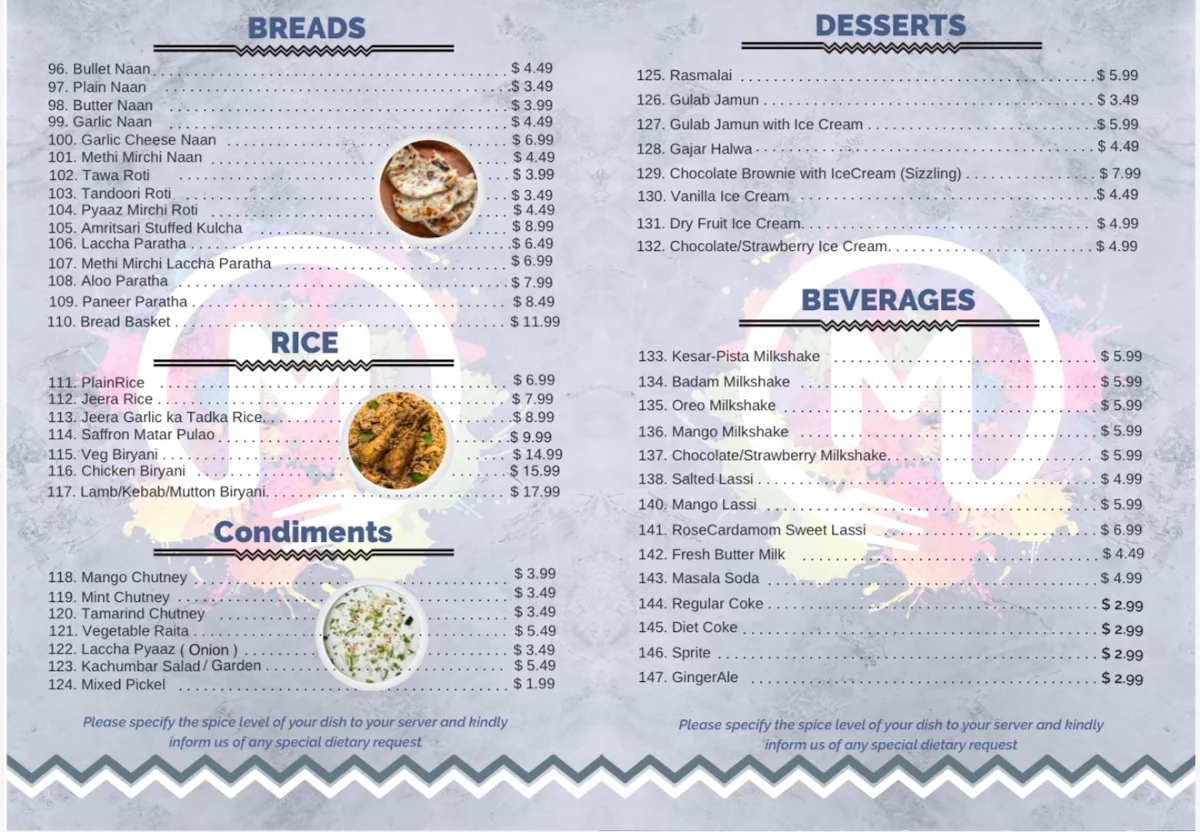 Menu, Mehfill Indian Cuisine