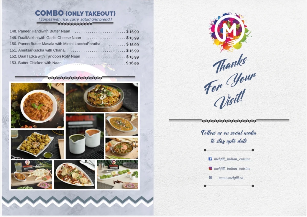 Menu, Mehfill Indian Cuisine