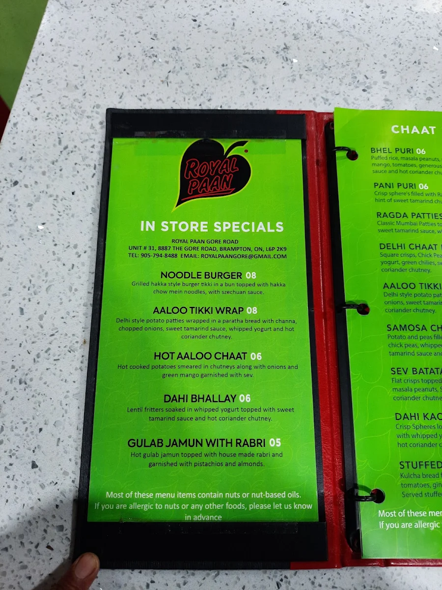 Menu, Royal Paan