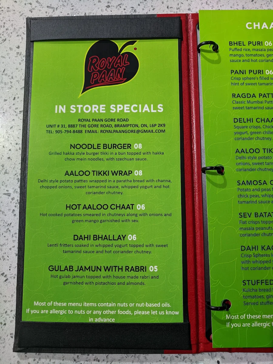 Menu, Royal Paan