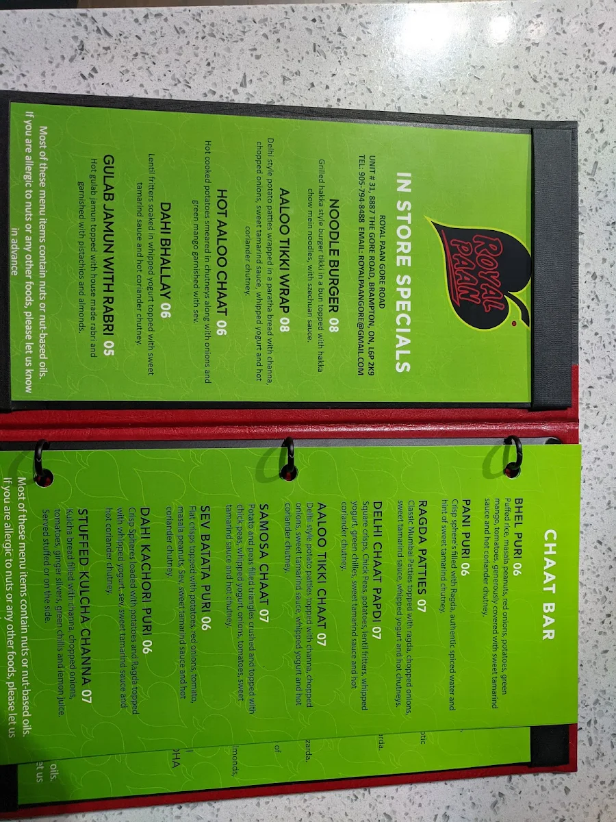 Menu, Royal Paan
