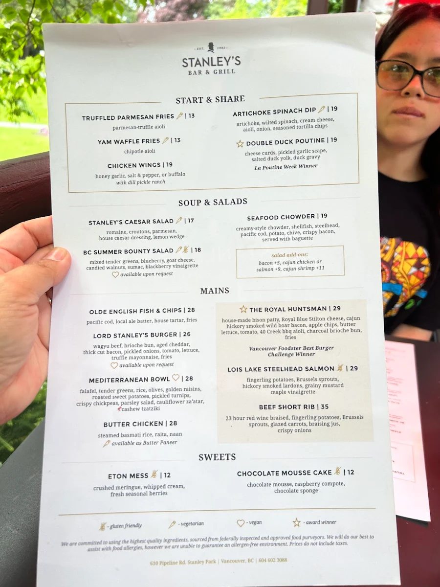 Menu, Stanley's Bar & Grill