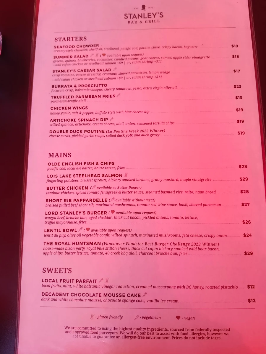 Menu, Stanley's Bar & Grill