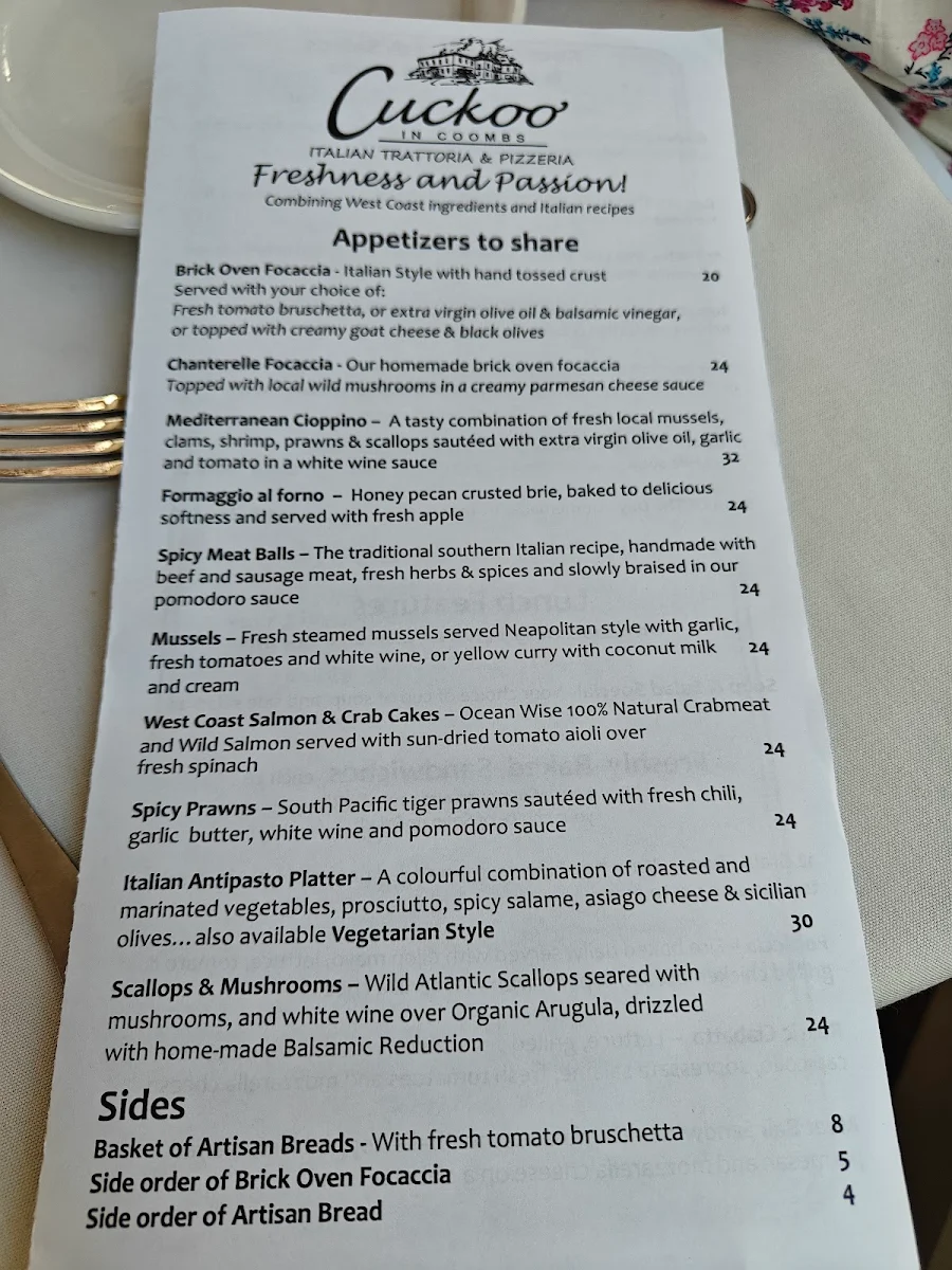 Menu, Cuckoo Trattoria and Pizzeria