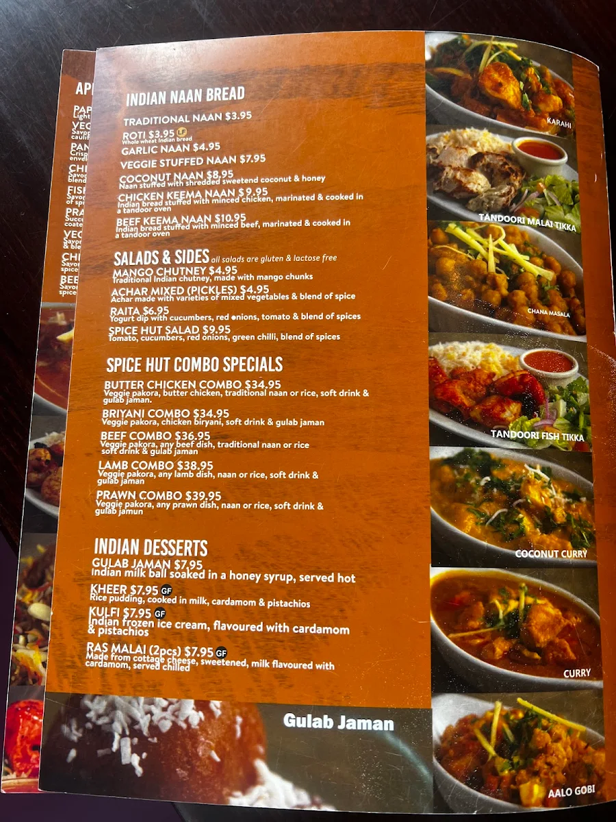 Menu, Spice Hut Indian Cuisine.