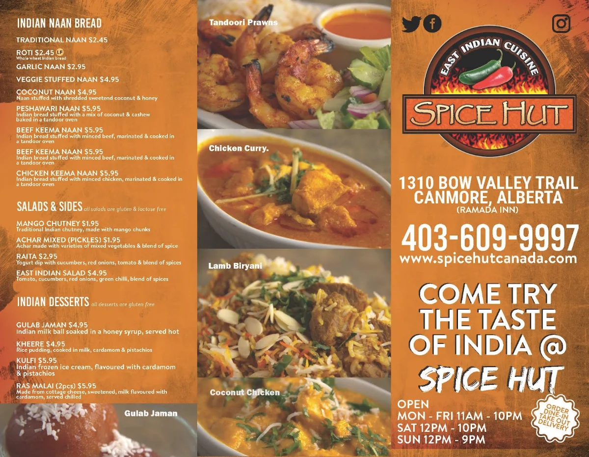 Menu, Spice Hut Indian Cuisine.