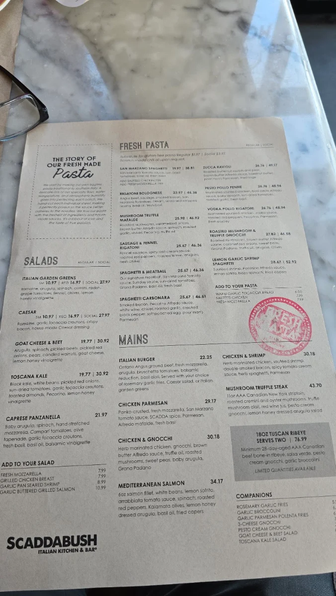 Menu, Scaddabush Italian Kitchen & Bar Barrie