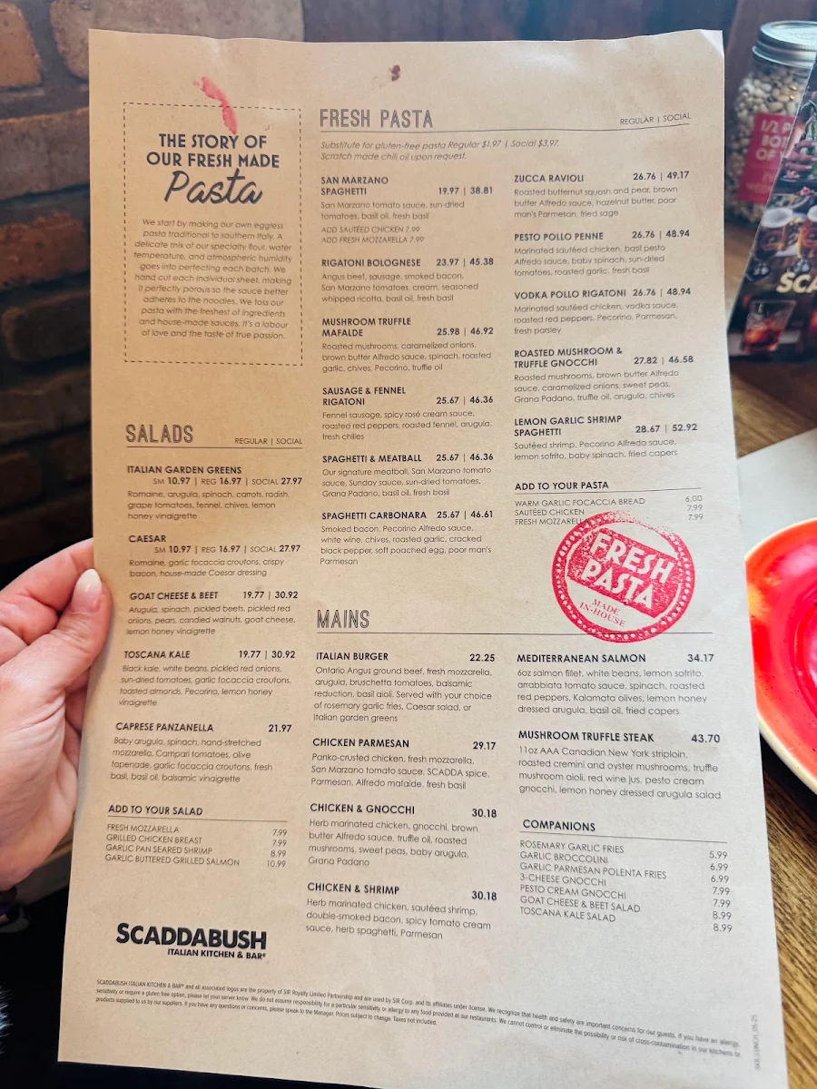 Menu, Scaddabush Italian Kitchen & Bar Barrie