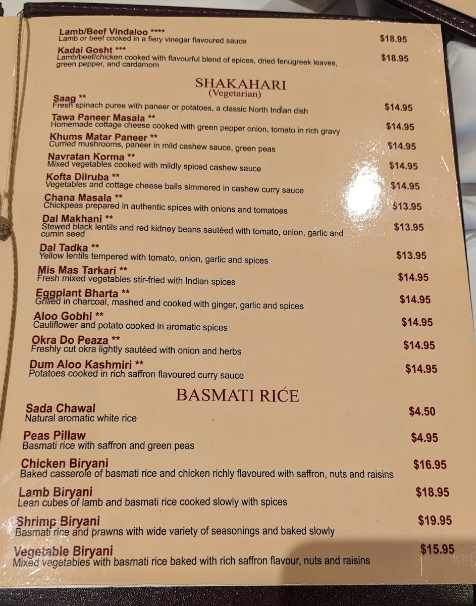 Menu, Aroma Fine Indian Cuisine