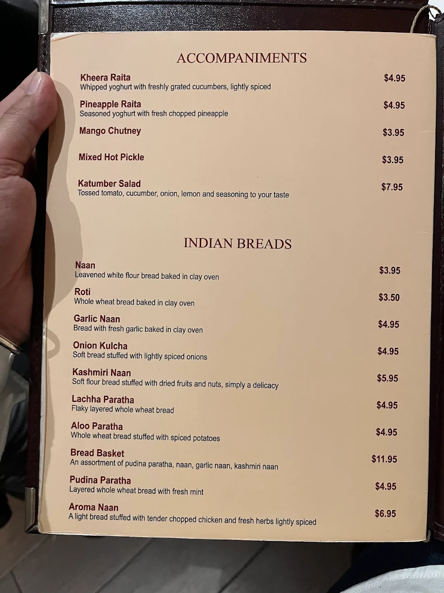 Menu, Aroma Fine Indian Cuisine