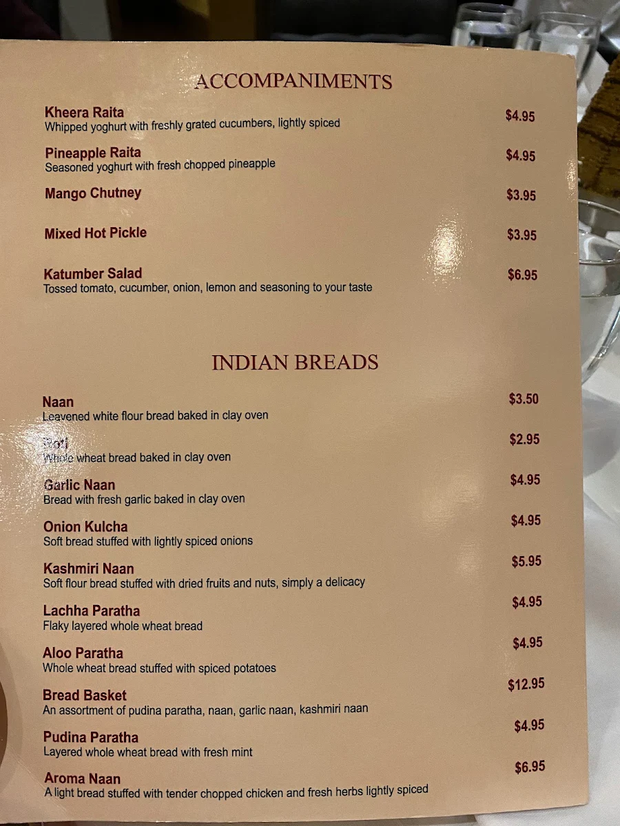 Menu, Aroma Fine Indian Cuisine