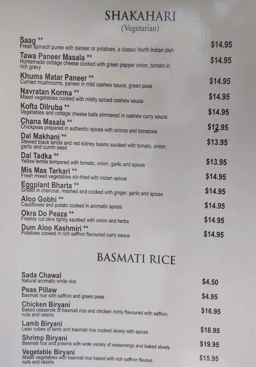 Menu, Aroma Fine Indian Cuisine