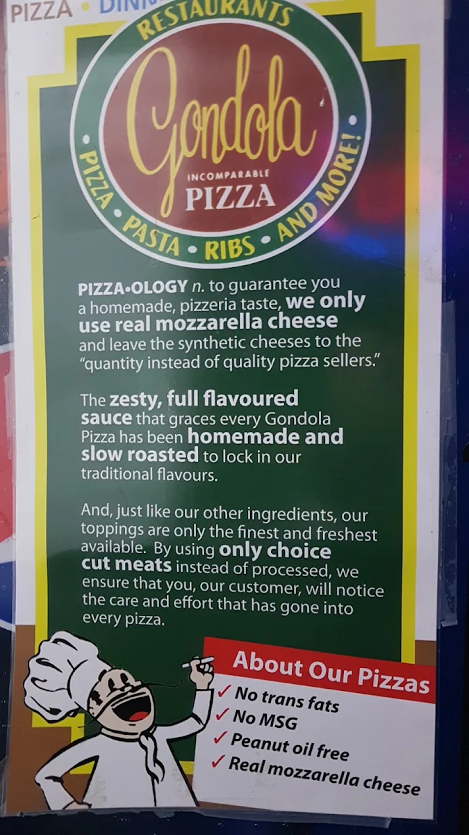 Menu, Gondola Pizza Valley Gardens Harbour View South, Eaglemere, Crocus Meadows, Elmwood, Devonshire Village, Springfield South