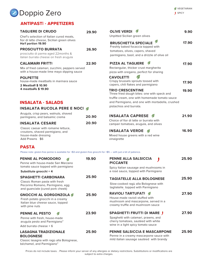 Menu, Doppio Zero Pizza - Italian Restaurant
