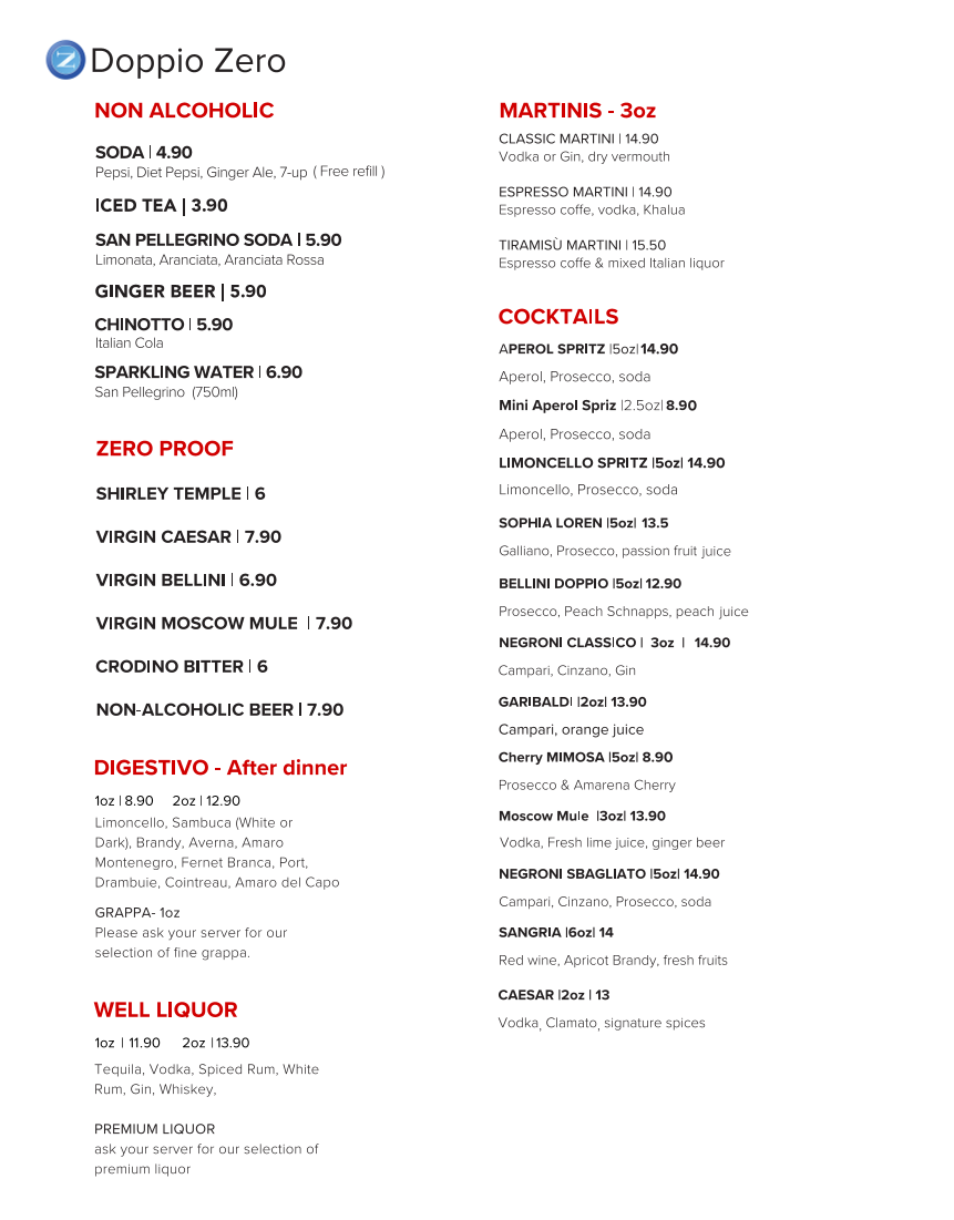 Menu, Doppio Zero Pizza - Italian Restaurant