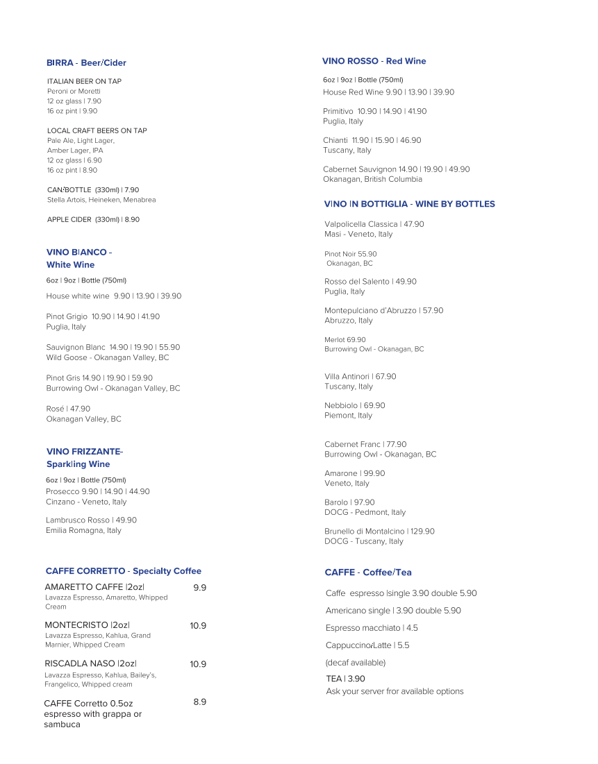 Menu, Doppio Zero Pizza - Italian Restaurant
