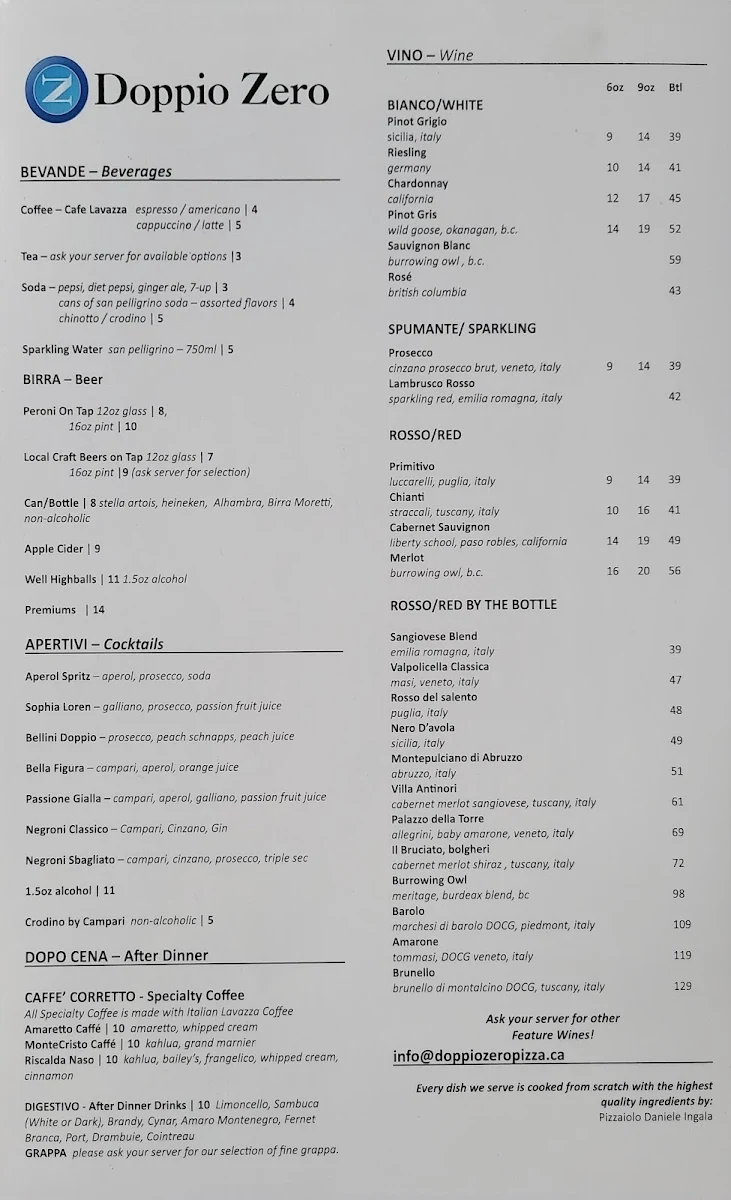 Menu, Doppio Zero Pizza - Italian Restaurant
