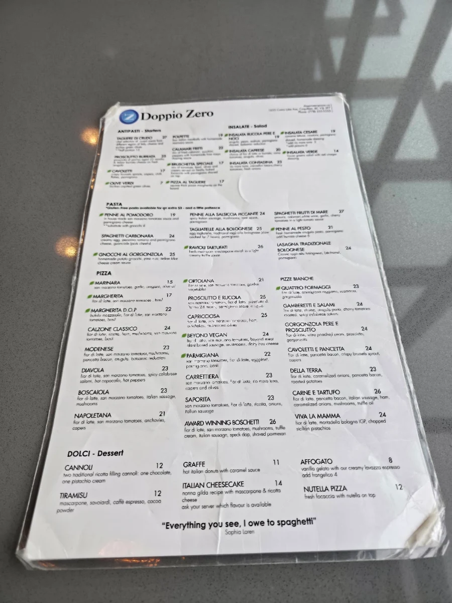 Menu, Doppio Zero Pizza - Italian Restaurant