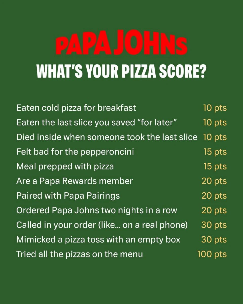 Menu, Papa Johns Pizza