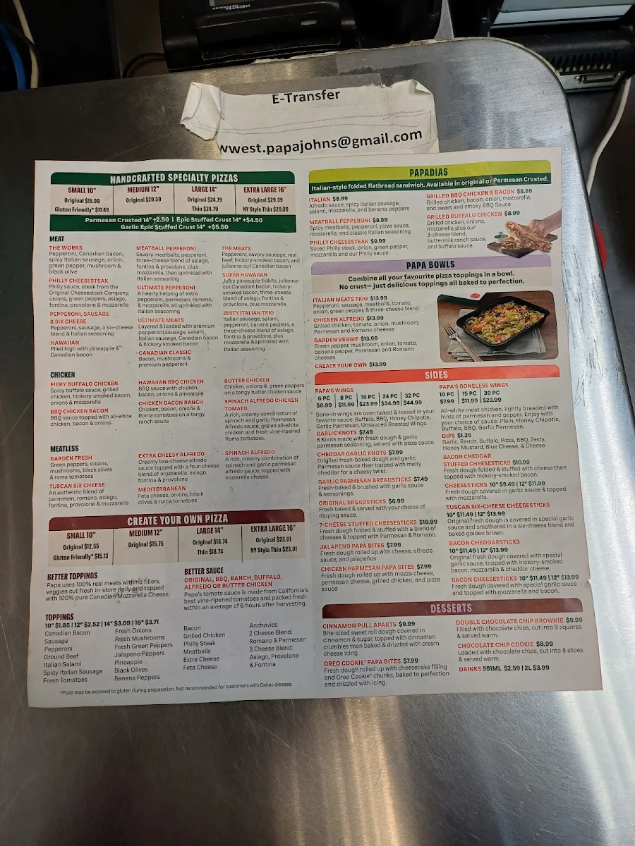 Menu, Papa Johns Pizza