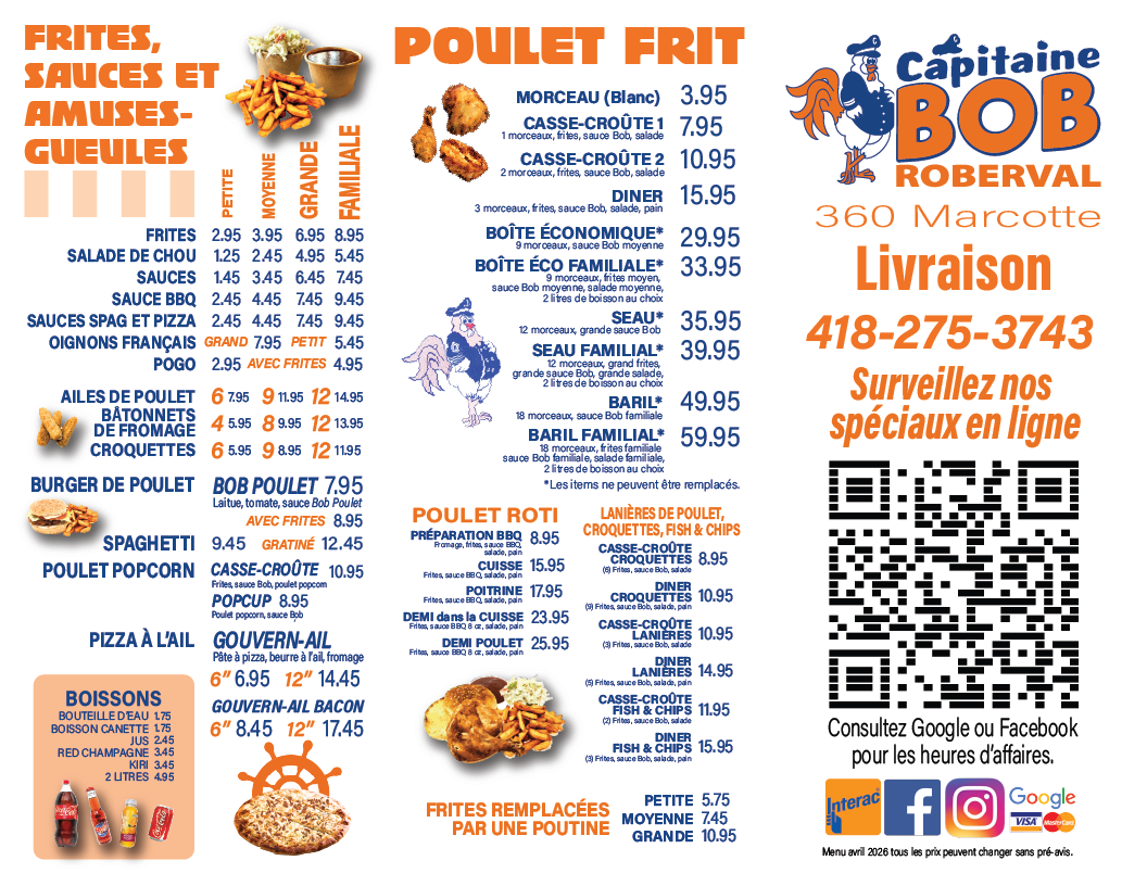 Menu, Capitaine Bob