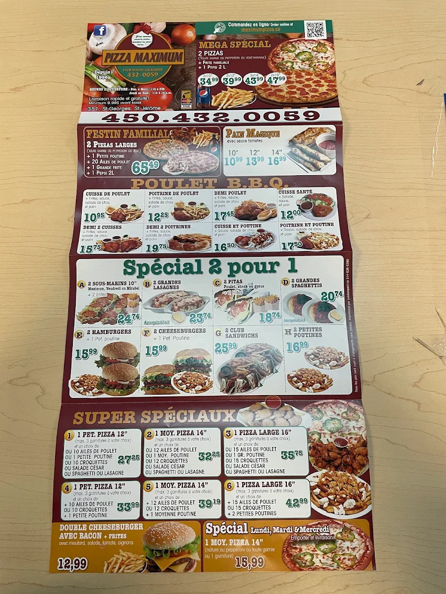 Menu, Pizza Maximum - Saint-Jérôme