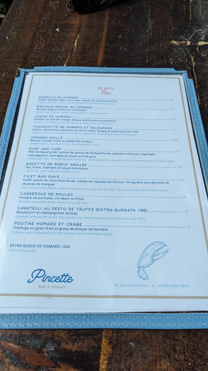 Menu, Pincette - Bar à Homard