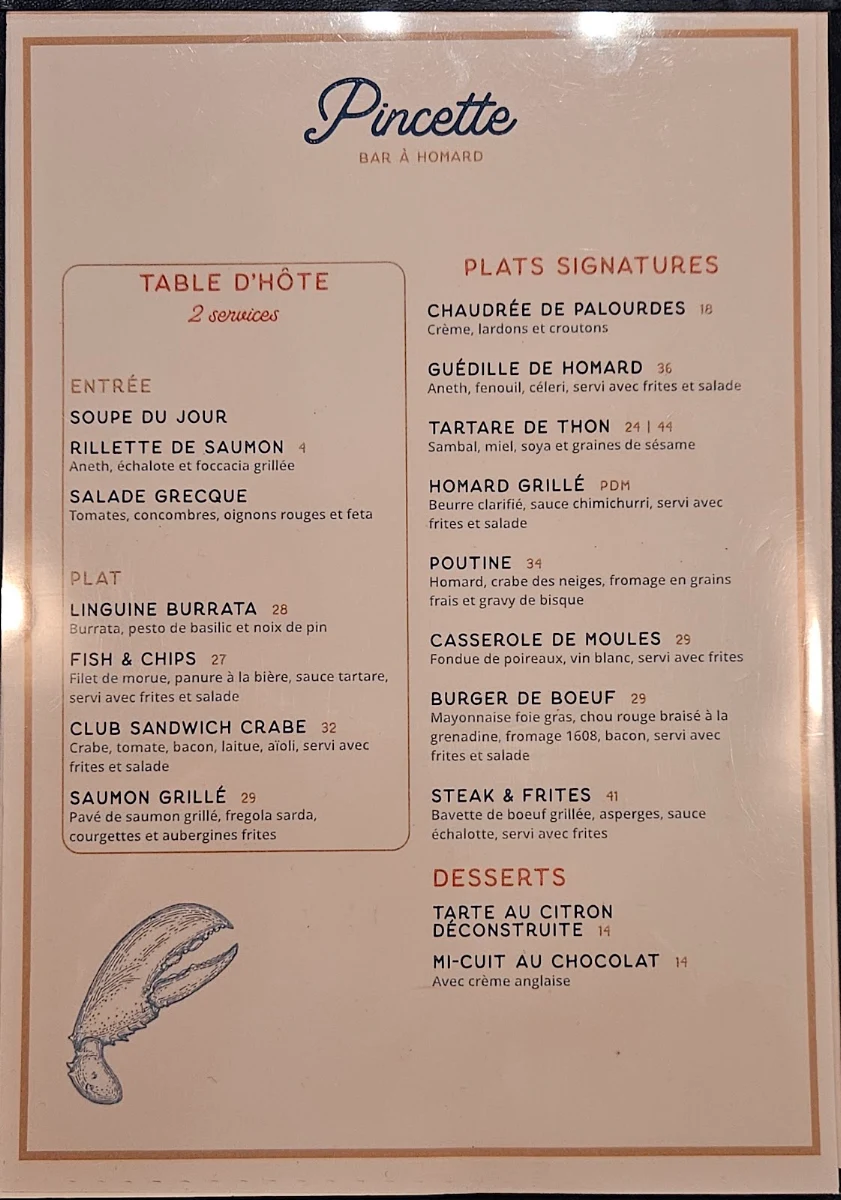 Menu, Pincette - Bar à Homard