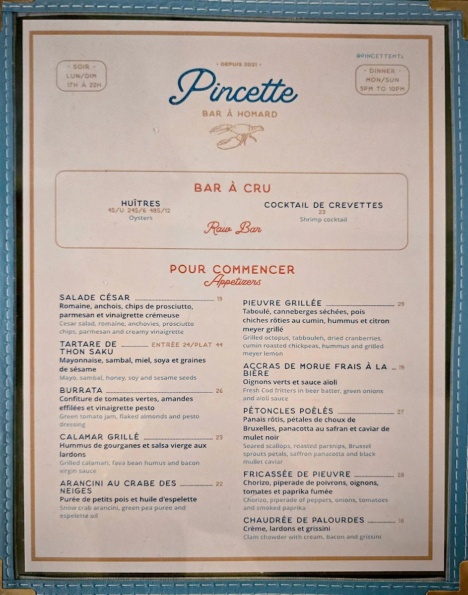 Menu, Pincette - Bar à Homard