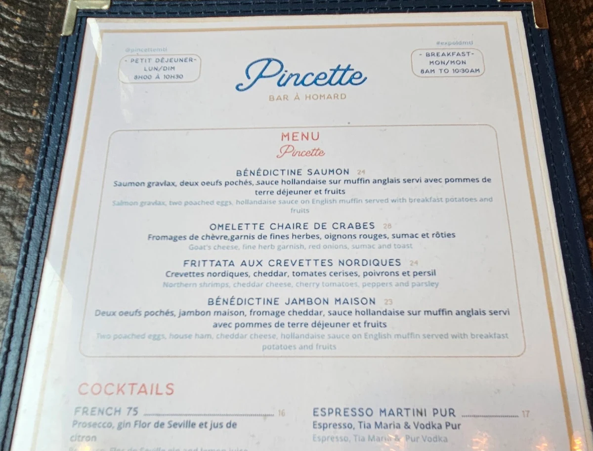Menu, Pincette - Bar à Homard