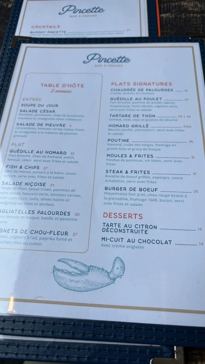 Menu, Pincette - Bar à Homard