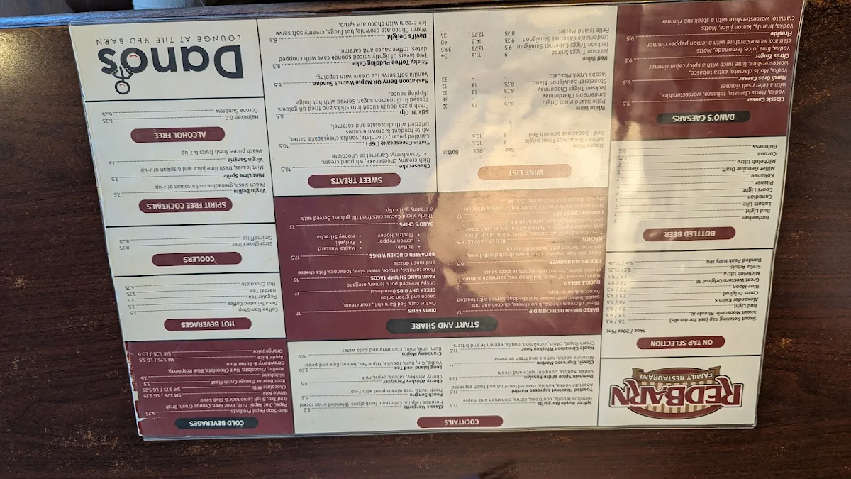 Menu, The Red Barn Restaurant & Dano's Lounge