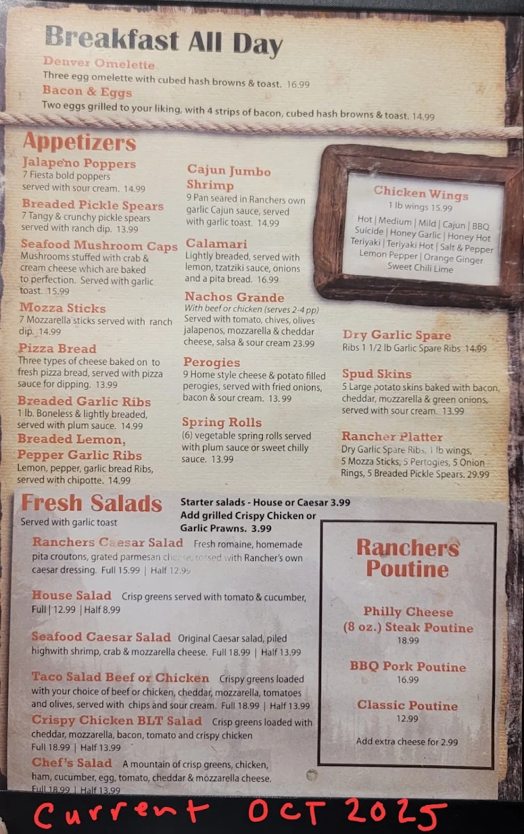 Menu, Ranchers Sports Bar & Grill