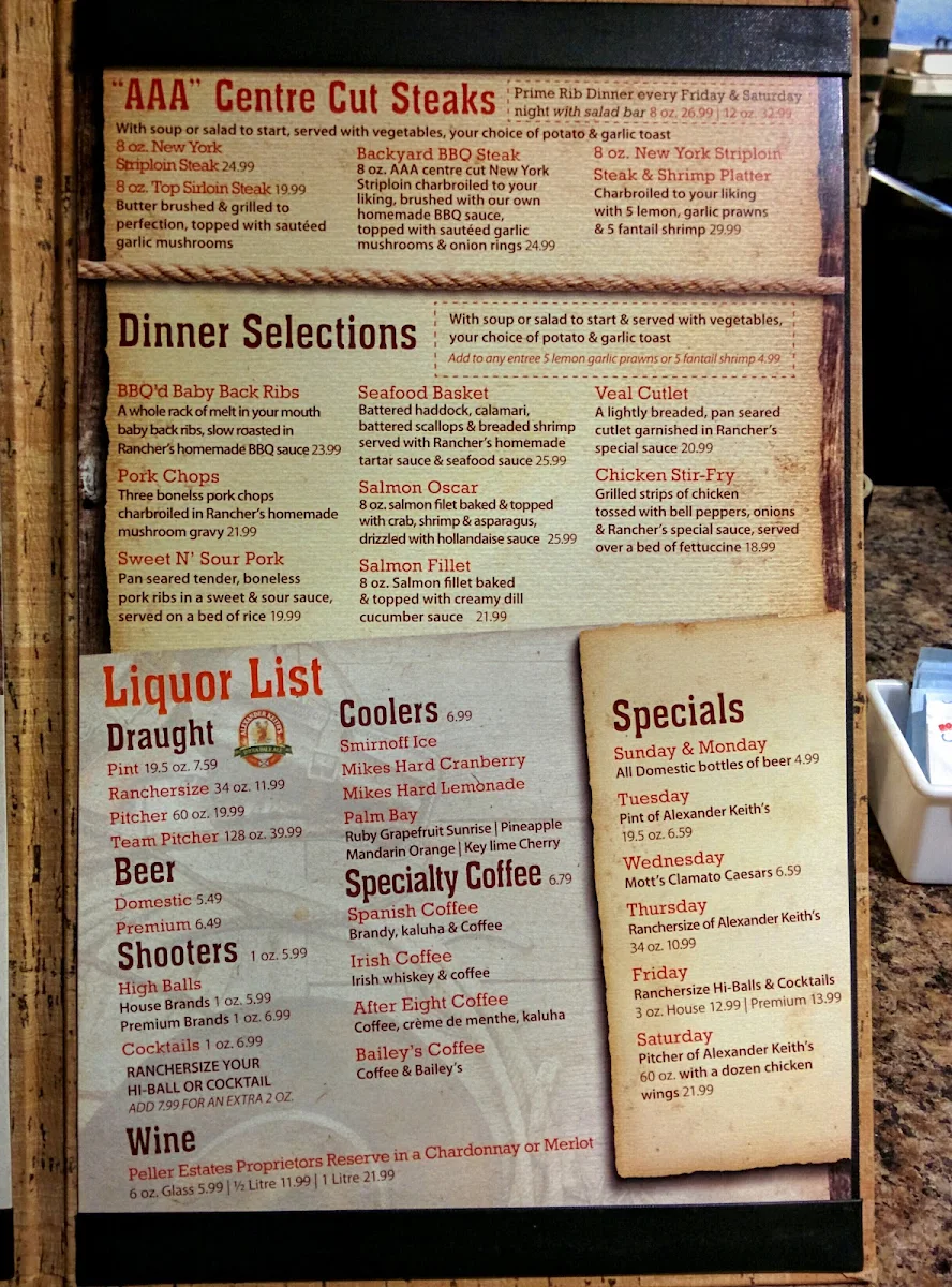 Menu, Ranchers Sports Bar & Grill