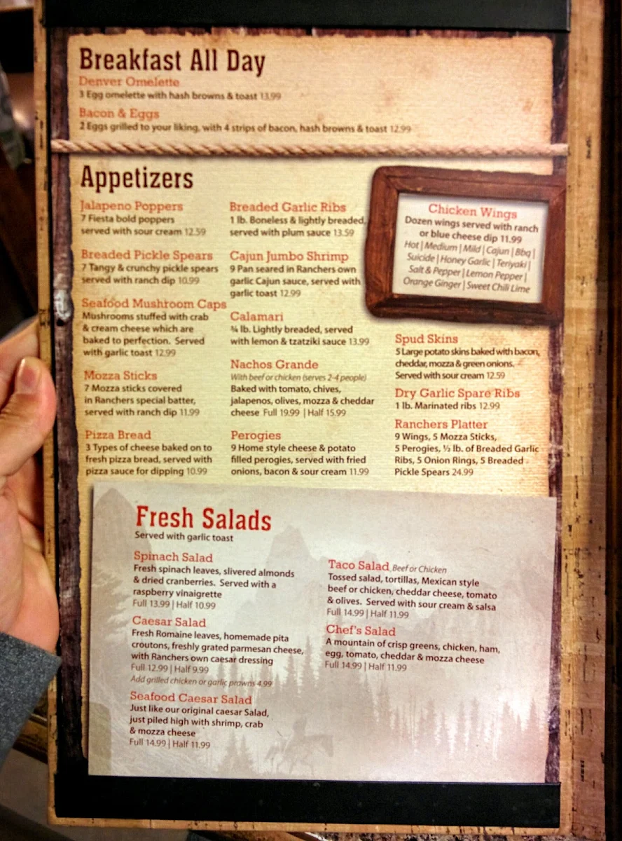 Menu, Ranchers Sports Bar & Grill
