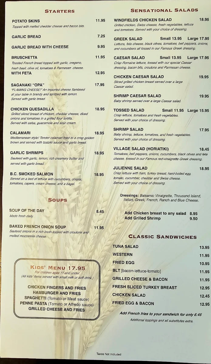 Menu, Windfield's Restaurant