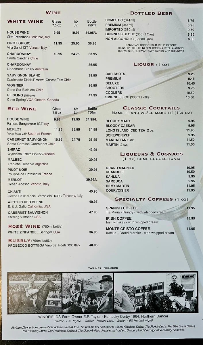 Menu, Windfield's Restaurant