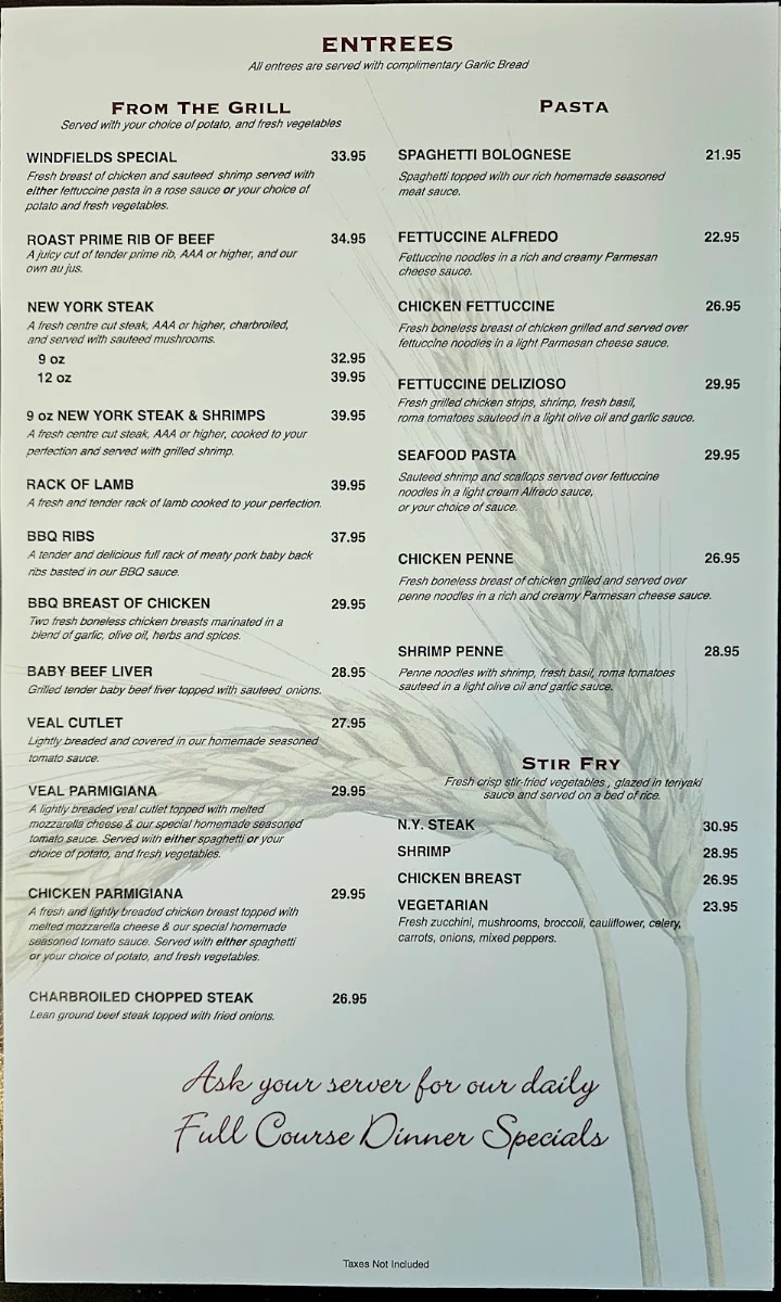 Menu, Windfield's Restaurant