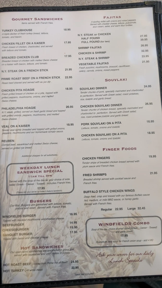 Menu, Windfield's Restaurant