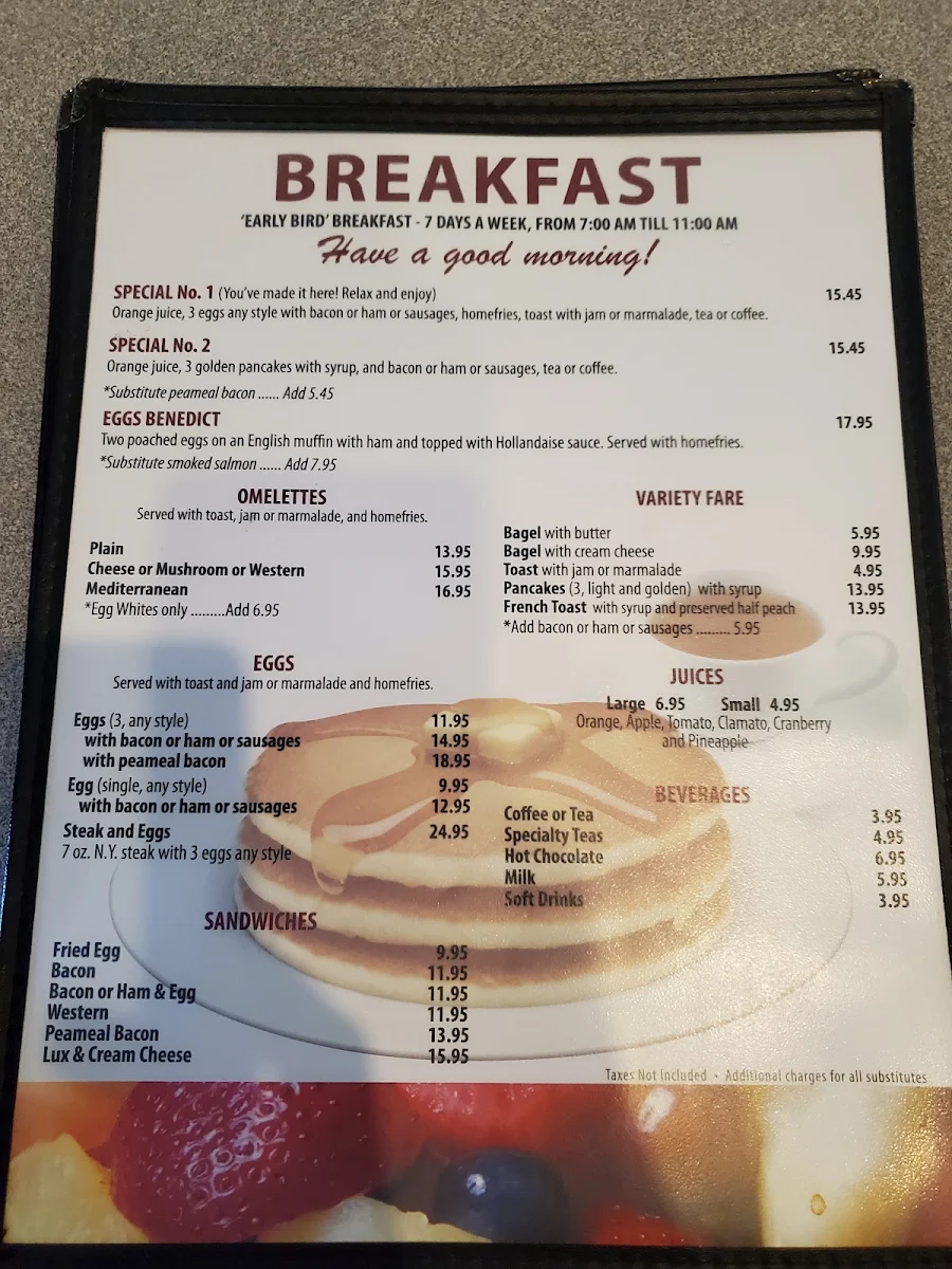Menu, Windfield's Restaurant