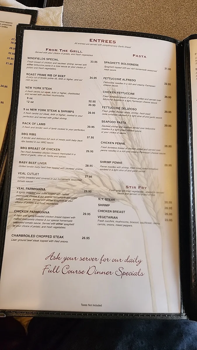 Menu, Windfield's Restaurant